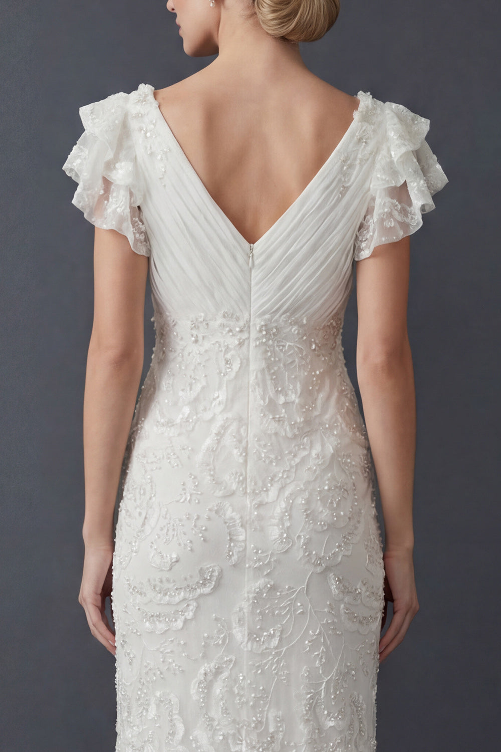 Sparkly White Sheath Maxi V Neck Beaded Ruffled Boho Wedding Dress