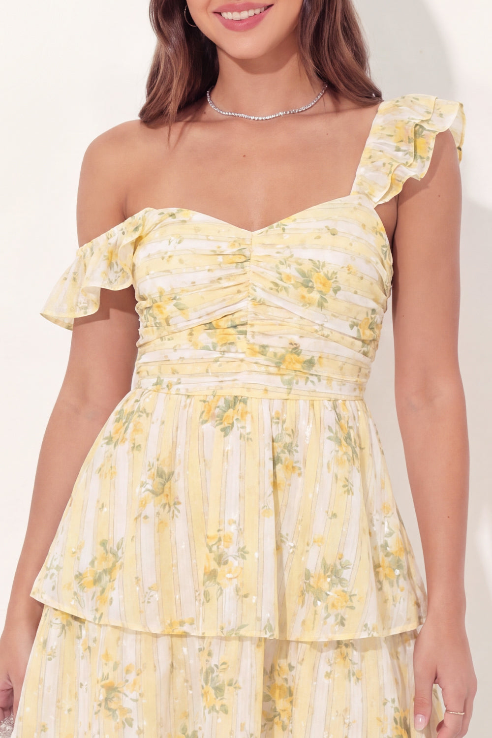 A Line Butter Yellow Thick Straps Floral Short Graduation Dress with Ruffles
