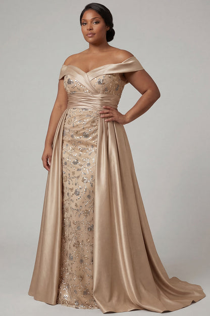 Plus Size Dusty Blue Floral Appliqued Off the Shoulder Long Mother of the Bride Dress