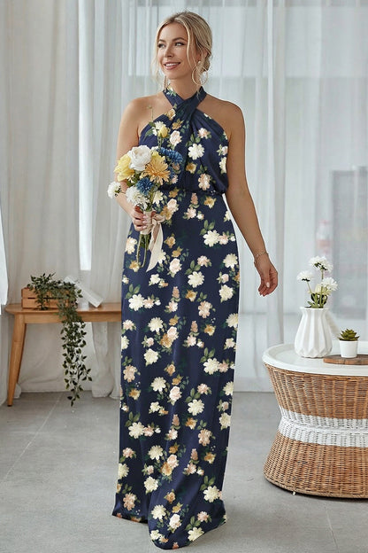 Blue White Flower Sheath Halter Long Bridesmaid Dress
