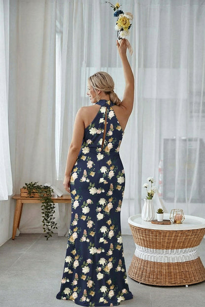 Blue White Flower Sheath Halter Long Bridesmaid Dress