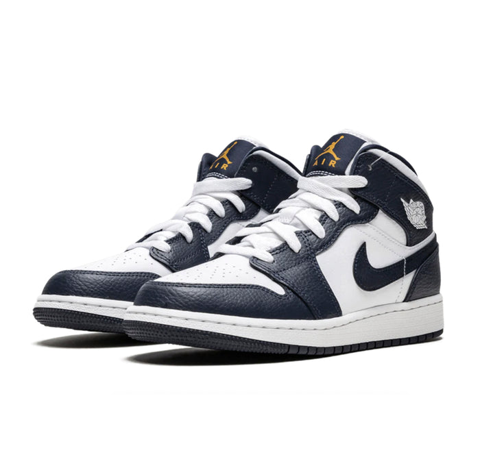 Jordan 1 Mid "White Metallic Gold Obsidian"