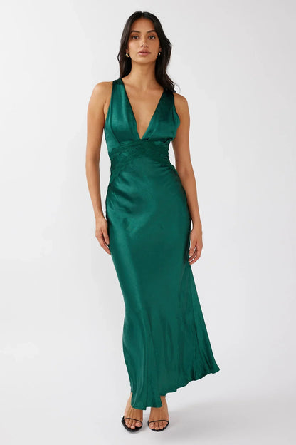 Theriz Lace Trim Tied Back Maxi Dress Green