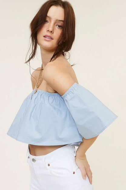 Darcie Sky Flowy Off-Shoulder Crop Top