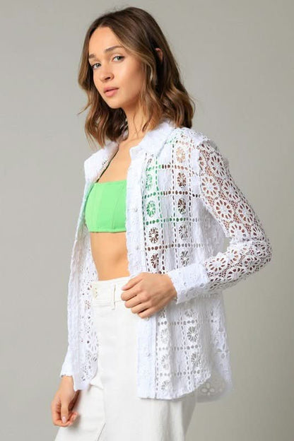 Devi White Crochet Lace Button Down Top