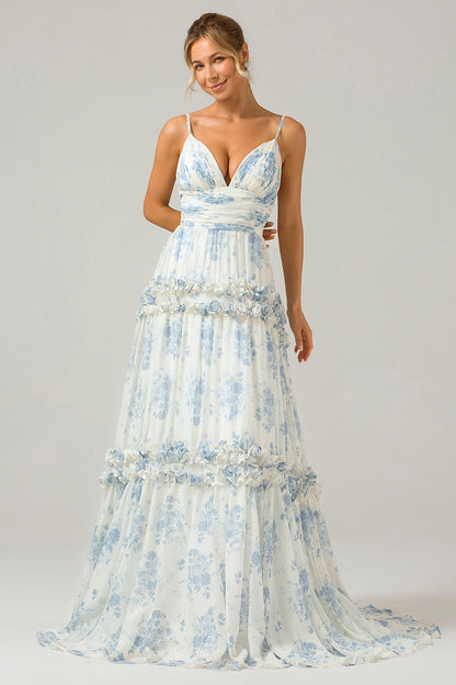 White Blue Flower A Line Long Bridesmaid Dress with Ruffles