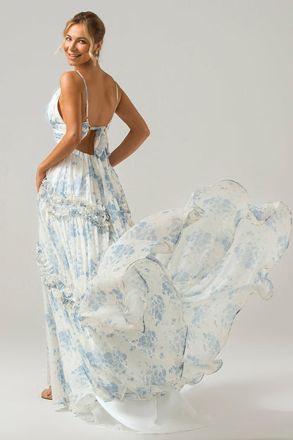 White Blue Flower A Line Long Bridesmaid Dress with Ruffles