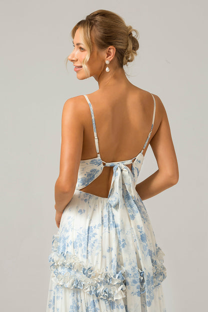 White Blue Flower A Line Long Bridesmaid Dress with Ruffles