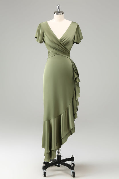 Olive V Neck Backless Sheath Wedding Guest Dress with Ruffles