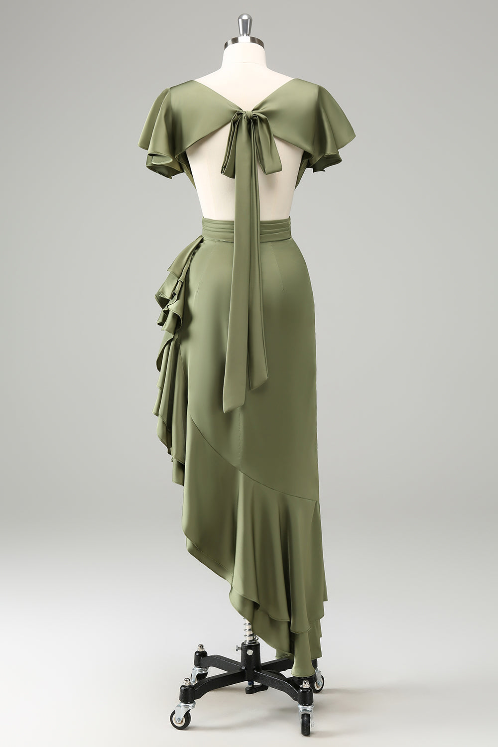 Olive V Neck Backless Sheath Wedding Guest Dress with Ruffles