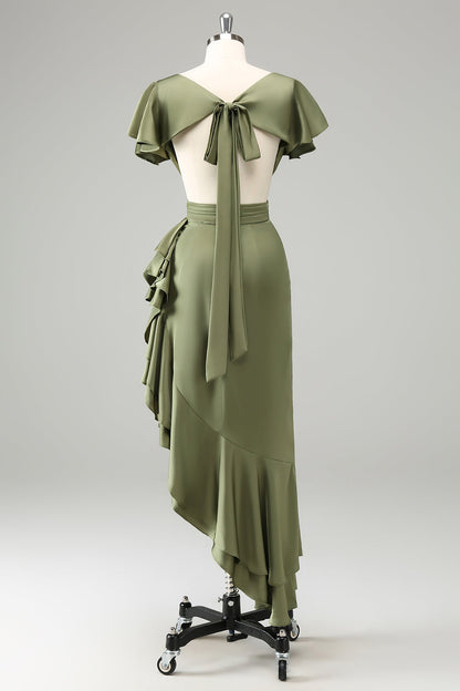 Olive V Neck Backless Sheath Wedding Guest Dress with Ruffles