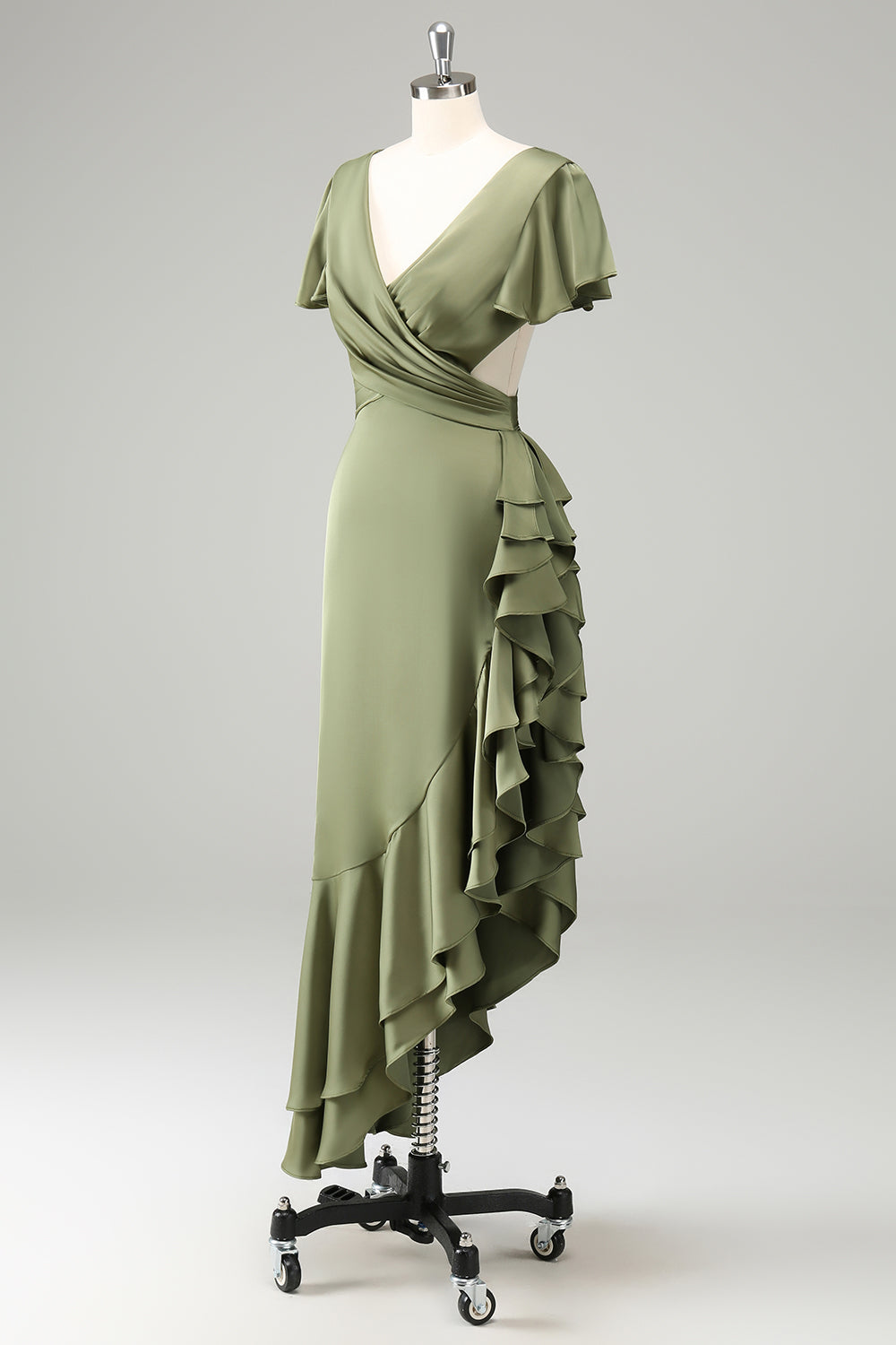 Olive V Neck Backless Sheath Wedding Guest Dress with Ruffles