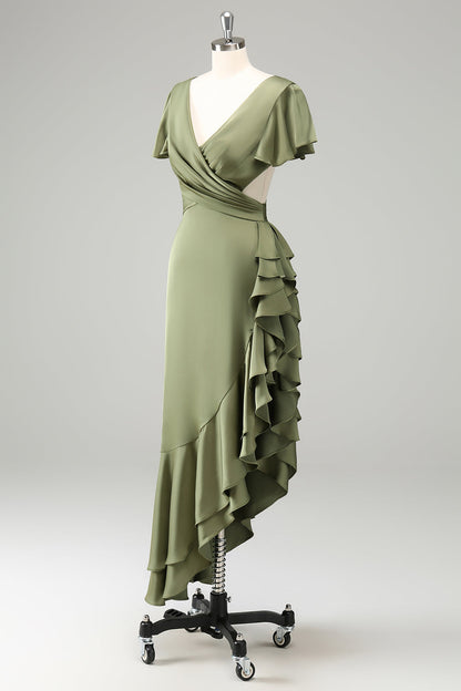 Olive V Neck Backless Sheath Wedding Guest Dress with Ruffles