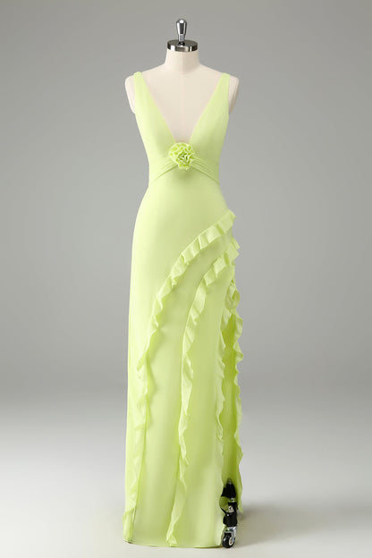 Lime Deep V Neck Ruffles Long Bridesmaid Dress with Slit