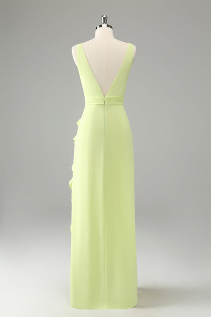 Lime Deep V Neck Ruffles Long Bridesmaid Dress with Slit