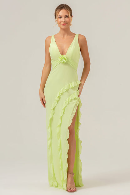 Lime Deep V Neck Ruffles Long Bridesmaid Dress with Slit