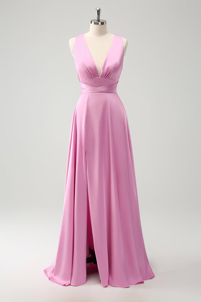 Pink A Line V-Neck Backless Long Bridesmaid Dress with Slit