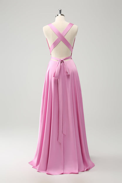 Pink A Line V-Neck Backless Long Bridesmaid Dress with Slit