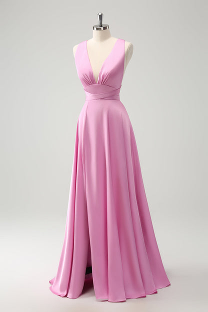 Pink A Line V-Neck Backless Long Bridesmaid Dress with Slit