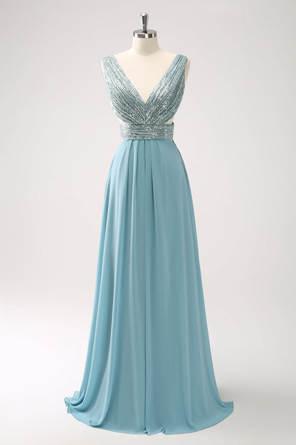 Grey Green V-Neck A-Line Long Bridesmaid Dress