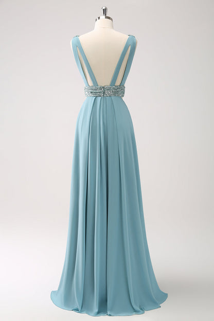 Grey Green V-Neck A-Line Long Bridesmaid Dress