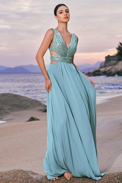 Grey Green V-Neck A-Line Long Bridesmaid Dress