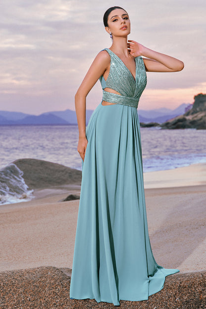 Grey Green V-Neck A-Line Long Bridesmaid Dress