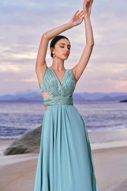 Grey Green V-Neck A-Line Long Bridesmaid Dress