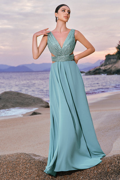 Grey Green V-Neck A-Line Long Bridesmaid Dress