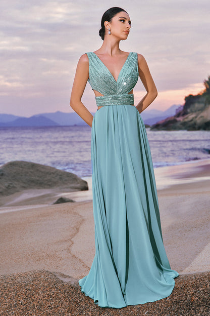 Grey Green V-Neck A-Line Long Bridesmaid Dress
