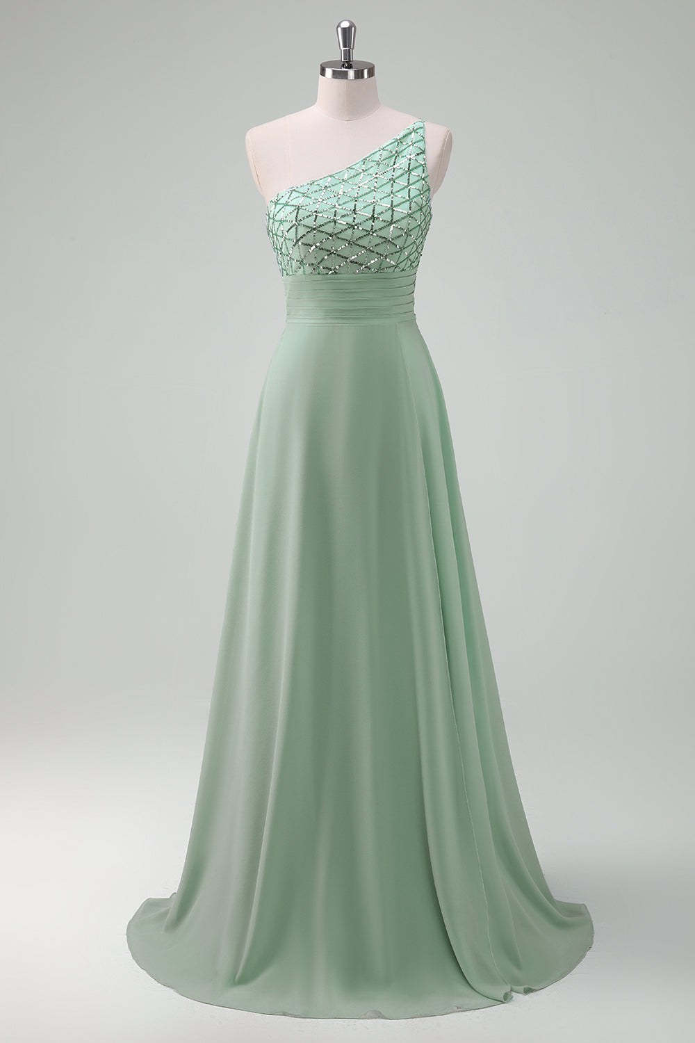 Sparkly Green One Shoulder A-Line Long Bridesmaid Dress