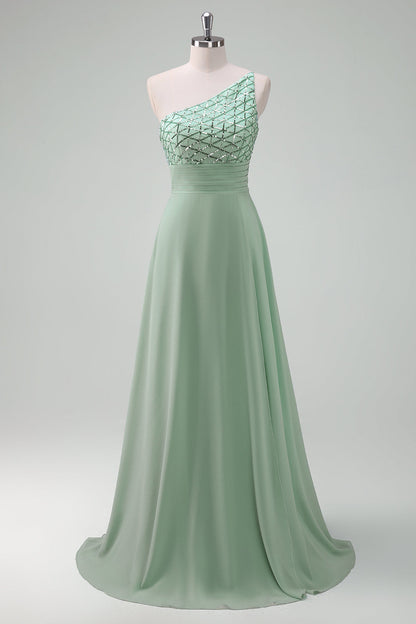 Sparkly Green One Shoulder A-Line Long Bridesmaid Dress