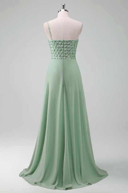 Sparkly Green One Shoulder A-Line Long Bridesmaid Dress