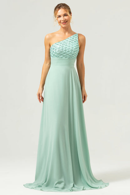 Sparkly Green One Shoulder A-Line Long Bridesmaid Dress