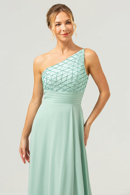 Sparkly Green One Shoulder A-Line Long Bridesmaid Dress