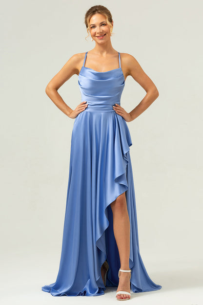 Blue Cowl Neck Spaghetti Straps Asymmetrical Long Bridesmaid Dress with Slit