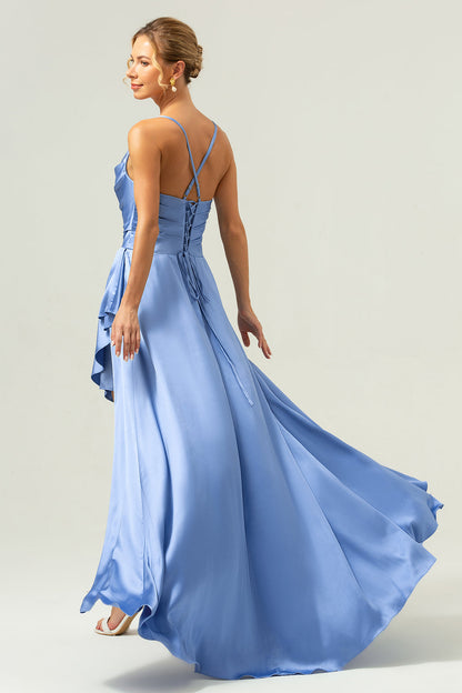 Blue Cowl Neck Spaghetti Straps Asymmetrical Long Bridesmaid Dress with Slit