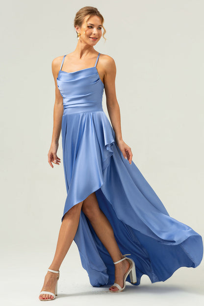 Blue Cowl Neck Spaghetti Straps Asymmetrical Long Bridesmaid Dress with Slit
