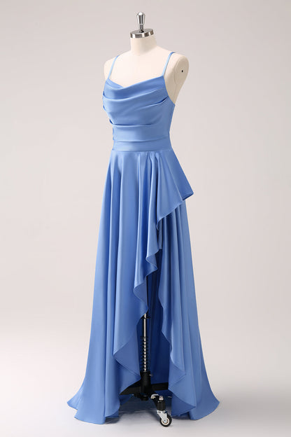Blue Cowl Neck Spaghetti Straps Asymmetrical Long Bridesmaid Dress with Slit