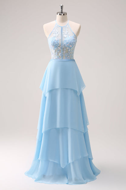 Blue Ruffled Floral Long Bridesmaid Dress with Lace Up Back