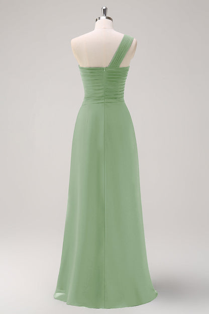 Dark Green One Shoulder A-Line Ruched Long Bridesmaid Dress