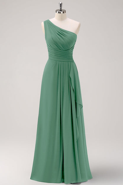 Dark Green One Shoulder A-Line Ruched Long Bridesmaid Dress