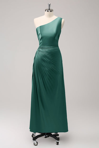 Blue One Shoulder Satin A-Line Long Bridsmaid Dress