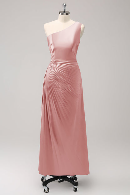 Blue One Shoulder Satin A-Line Long Bridsmaid Dress