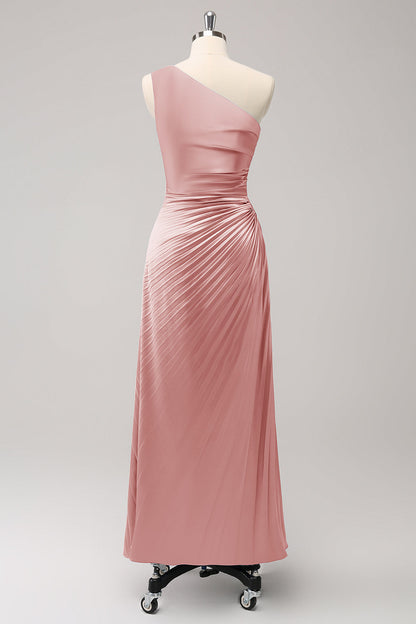 Blue One Shoulder Satin A-Line Long Bridsmaid Dress