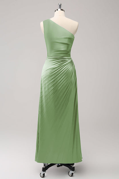 Blue One Shoulder Satin A-Line Long Bridsmaid Dress