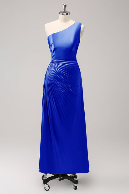 Blue One Shoulder Satin A-Line Long Bridsmaid Dress