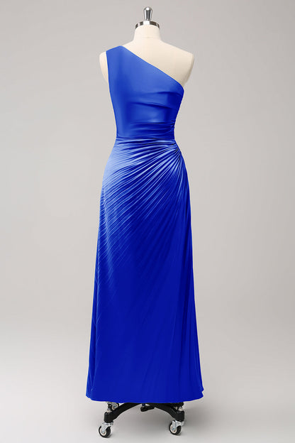 Blue One Shoulder Satin A-Line Long Bridsmaid Dress