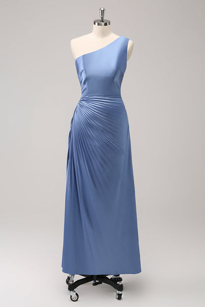 Blue One Shoulder Satin A-Line Long Bridsmaid Dress
