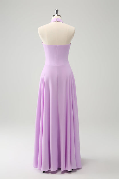 Purple A Line Halter Chiffon Long Bridesmaid Dress